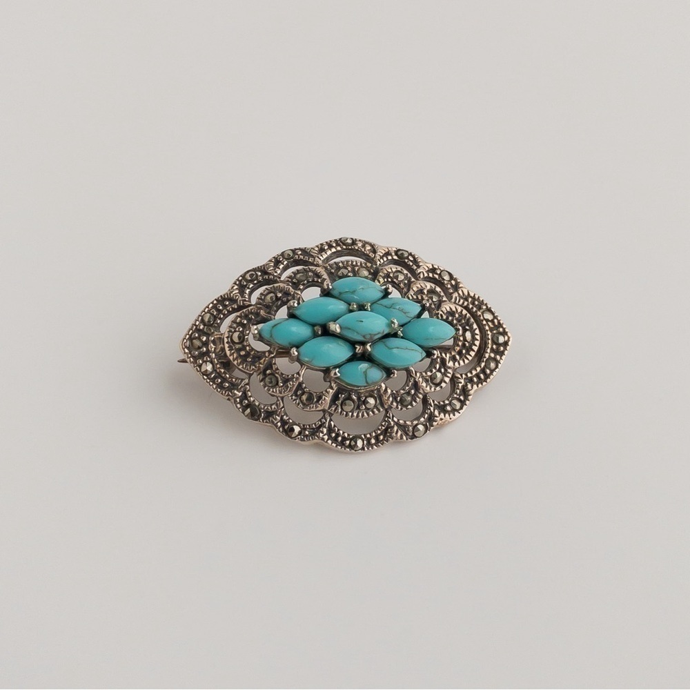 Sterling Silver Blue Glass Marcasite Brooch Pin 925 Vintage